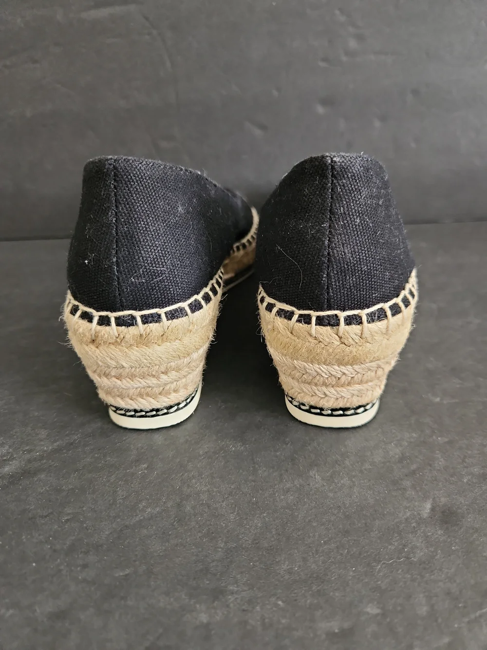 Tory Burch Espadrille Flat Logo Black Leather Canvas Women Size 8.5